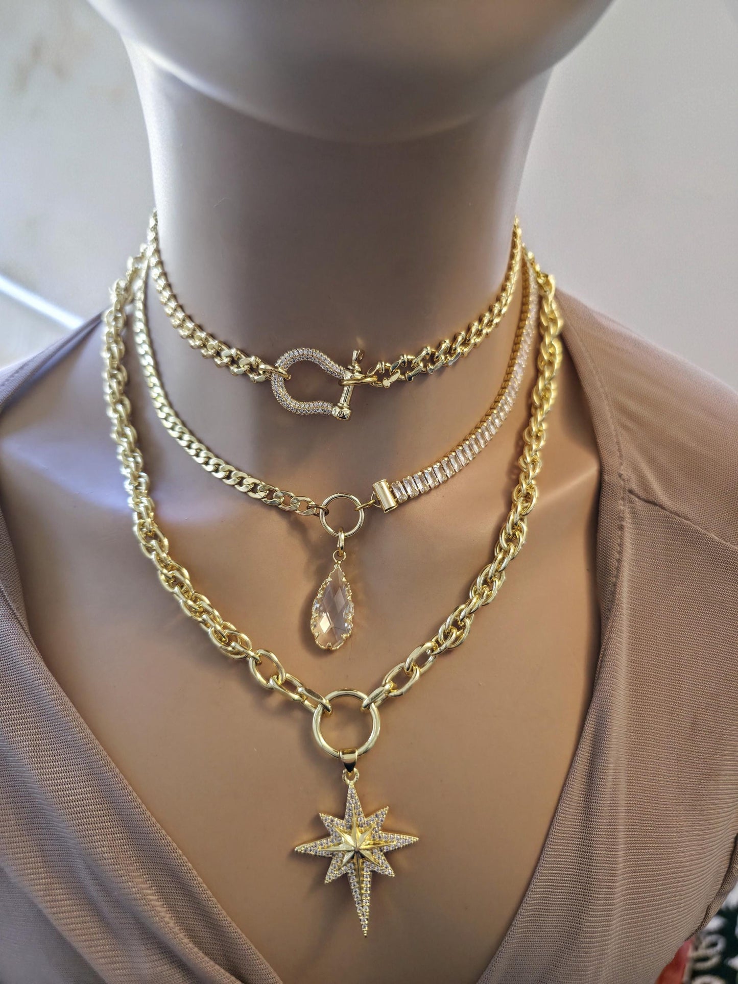 Gold Layered Necklace Set, North Star Pendant Necklace, Maximalist Chain Stack, Crystal Baguette