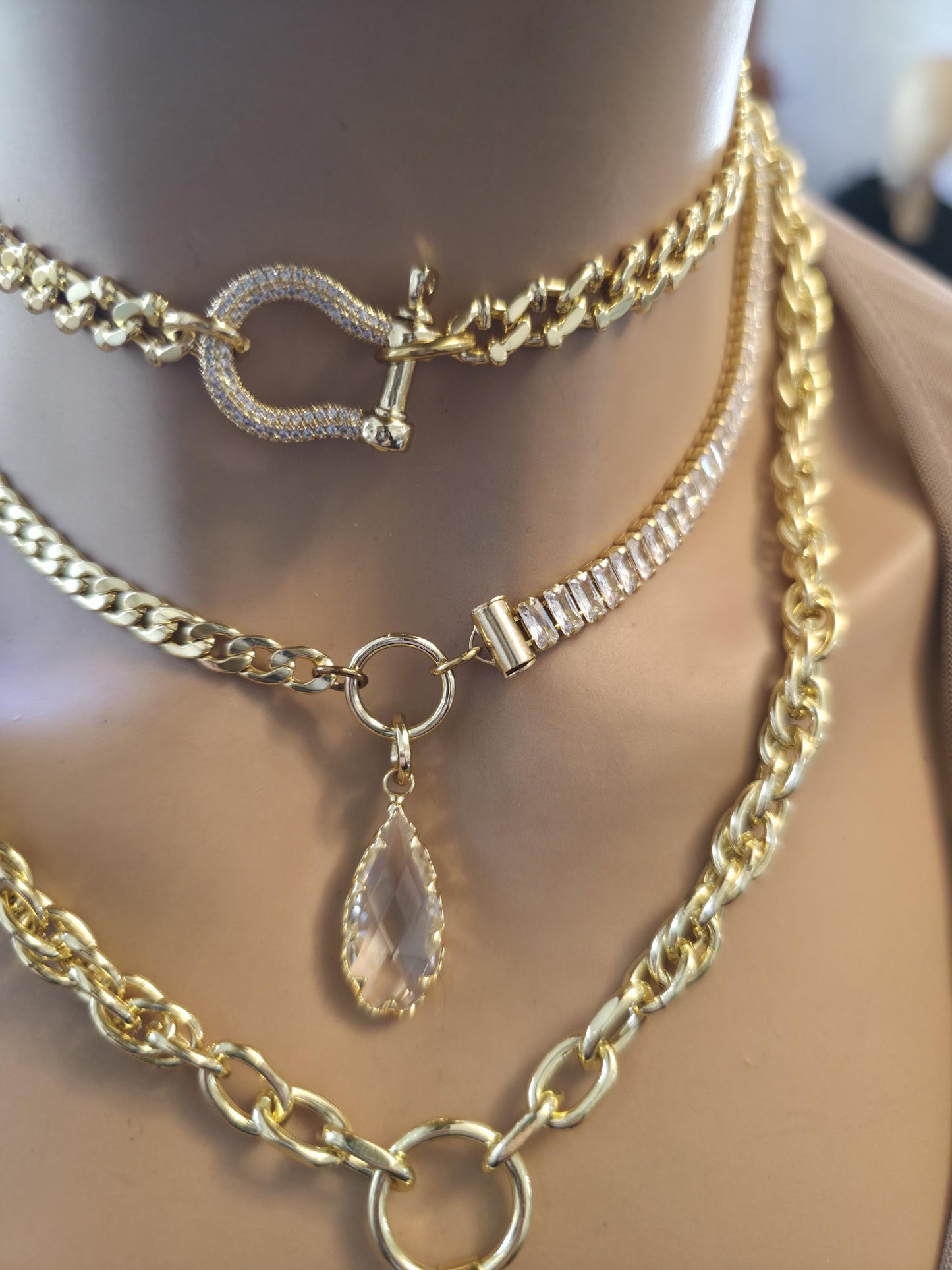 Gold Layered Necklace Set, North Star Pendant Necklace, Maximalist Chain Stack, Crystal Baguette
