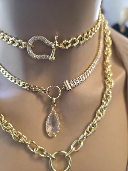 Gold Layered Necklace Set, North Star Pendant Necklace, Maximalist Chain Stack, Crystal Baguette