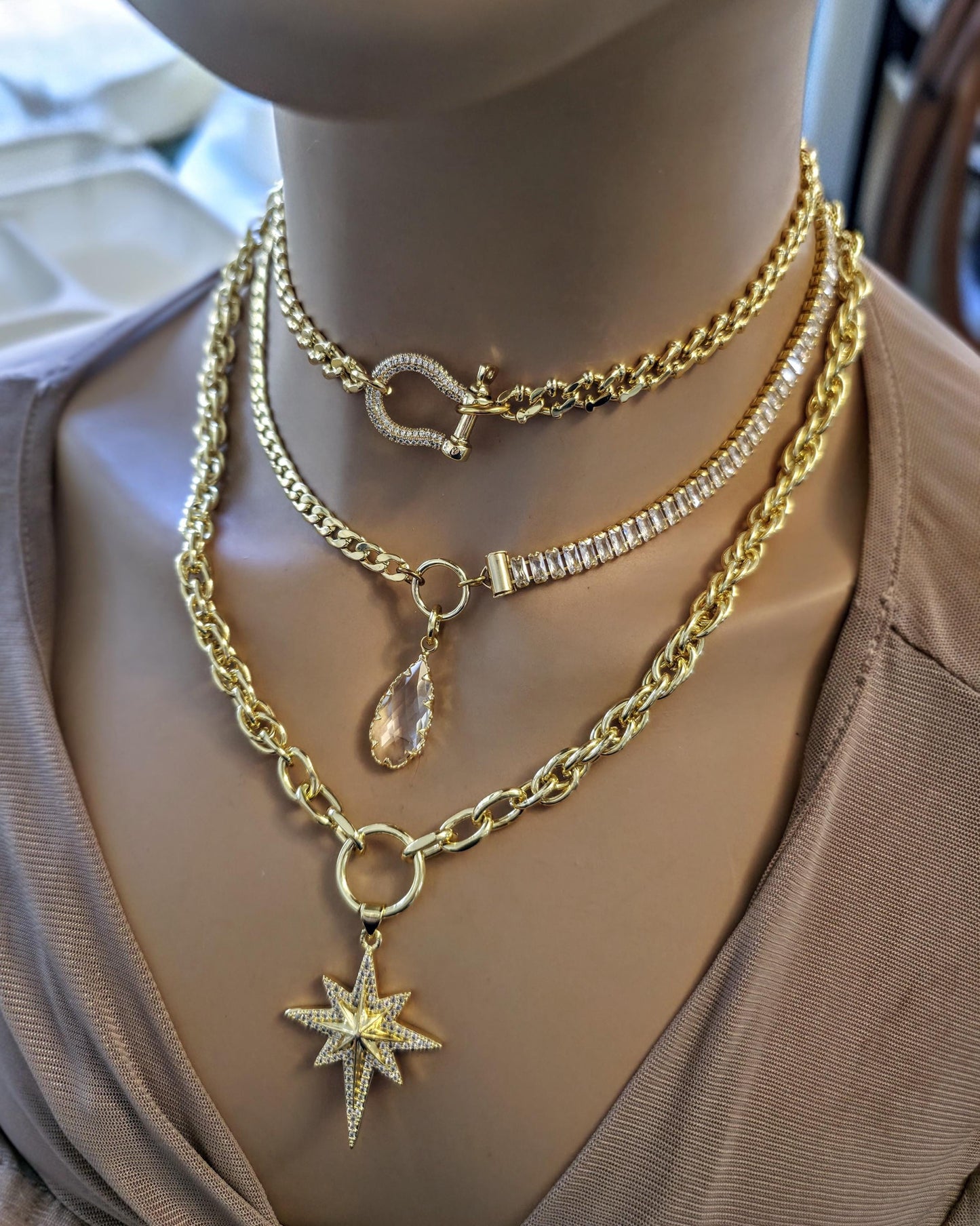 Gold Layered Necklace Set, North Star Pendant Necklace, Maximalist Chain Stack, Crystal Baguette