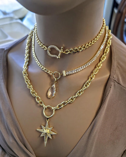 Gold Layered Necklace Set, North Star Pendant Necklace, Maximalist Chain Stack, Crystal Baguette