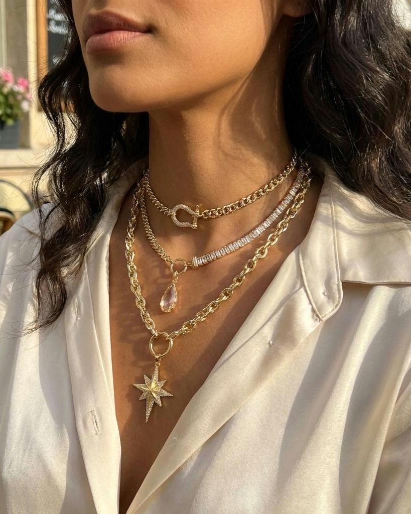 Gold Layered Necklace Set, North Star Pendant Necklace, Maximalist Chain Stack, Crystal Baguette