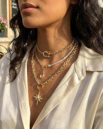 Gold Layered Necklace Set, North Star Pendant Necklace, Maximalist Chain Stack, Crystal Baguette