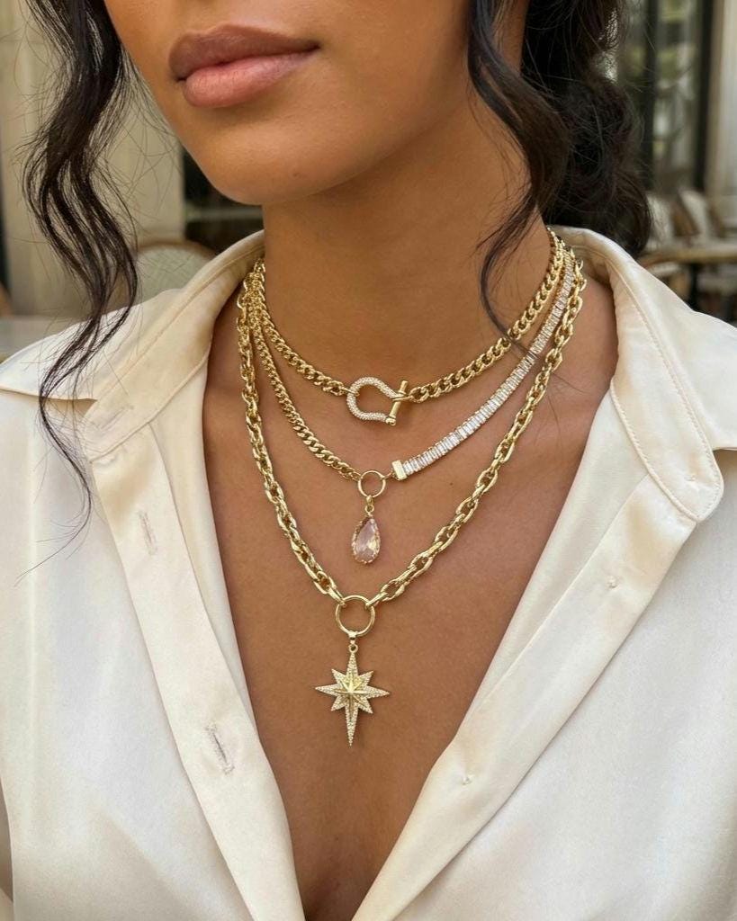 Gold Layered Necklace Set, North Star Pendant Necklace, Maximalist Chain Stack, Crystal Baguette