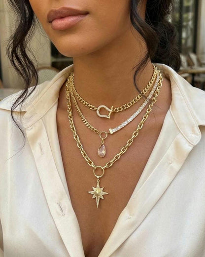 Gold Layered Necklace Set, North Star Pendant Necklace, Maximalist Chain Stack, Crystal Baguette
