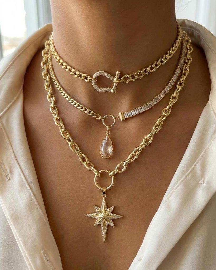Gold Layered Necklace Set, North Star Pendant Necklace, Maximalist Chain Stack, Crystal Baguette