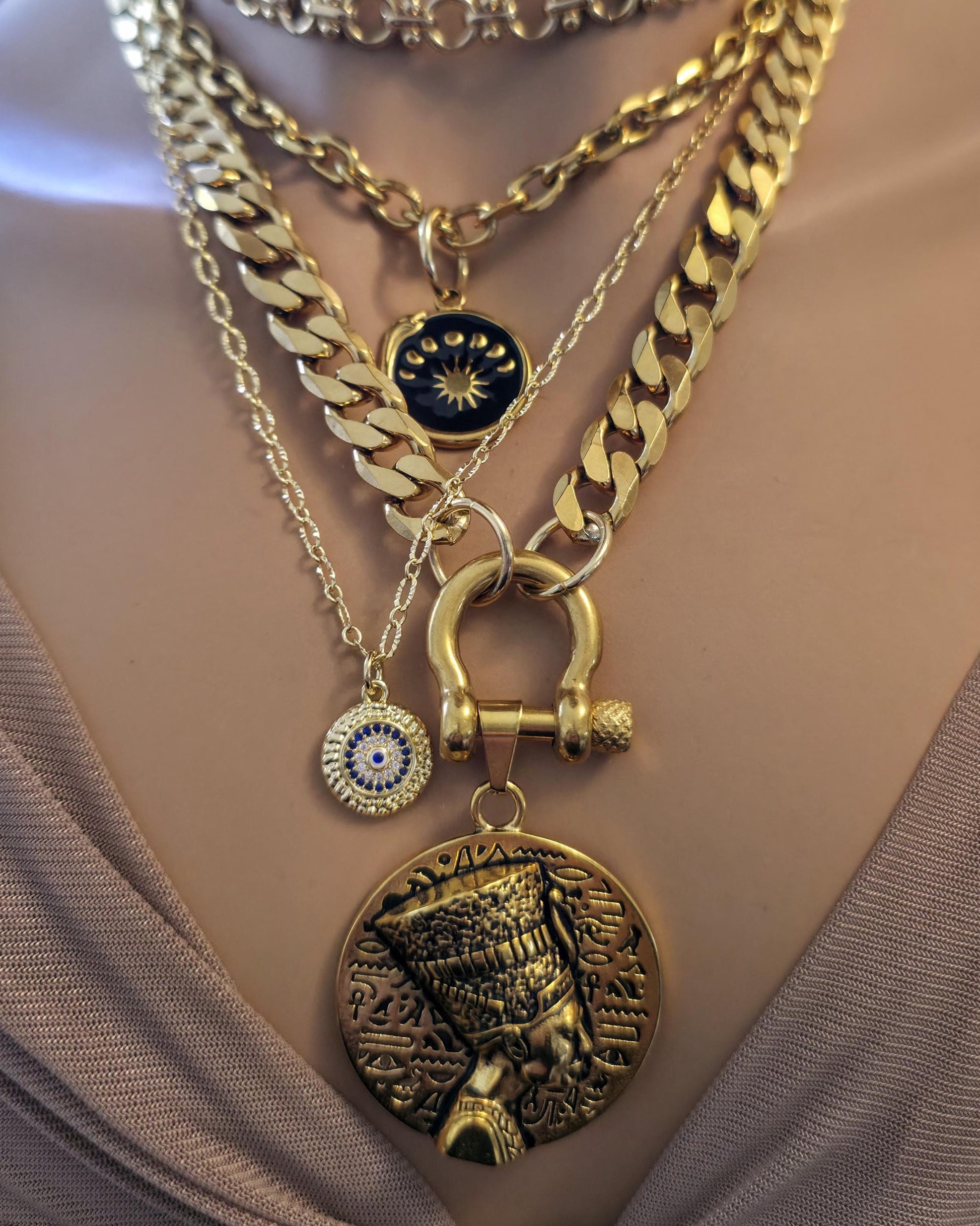 The Nefertiti Gold Maximalist Stack Necklace - Layered Queen Energy Goddess Statement Jewelry, Egyptian Medallion Pendant