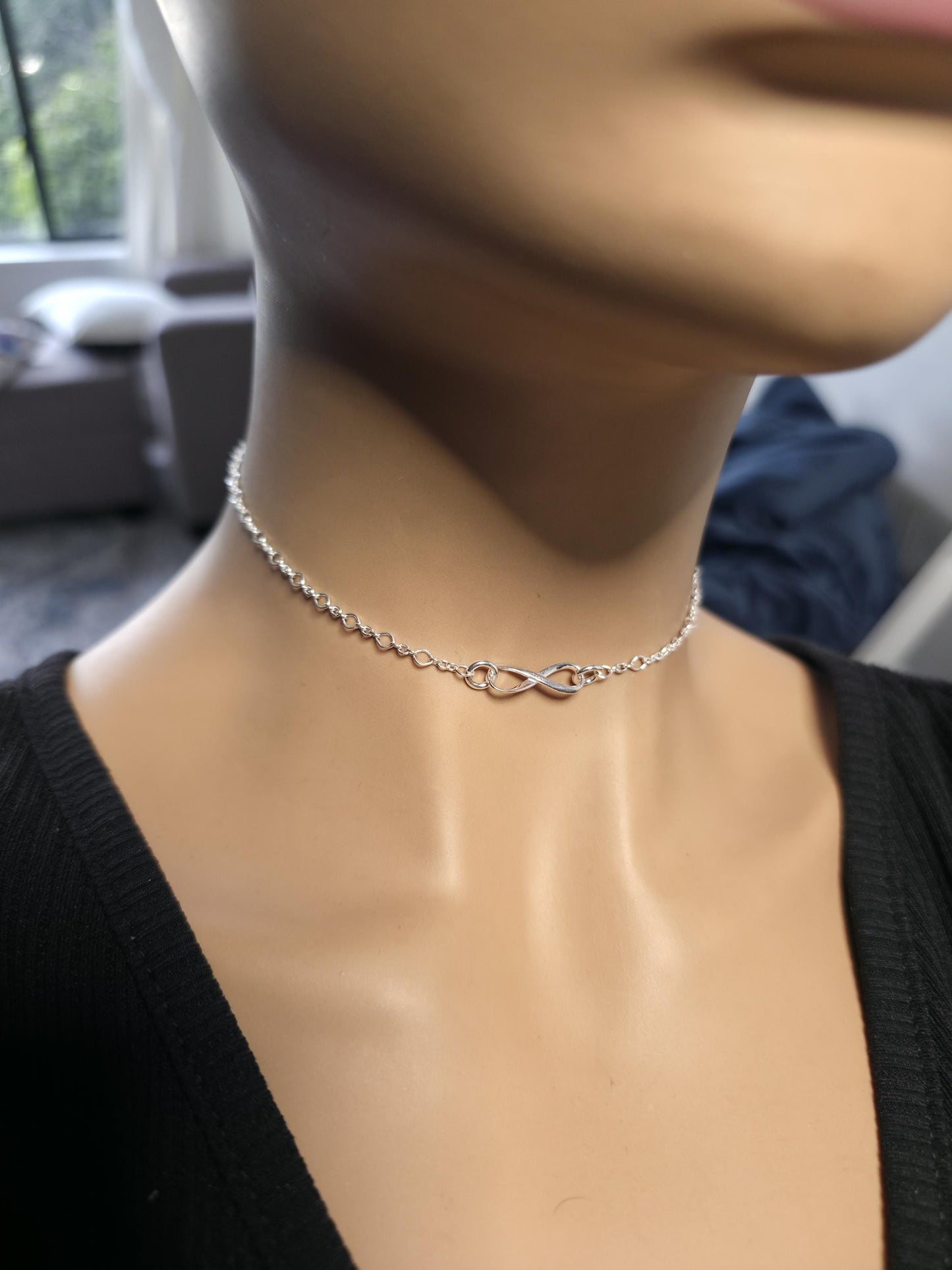 925 Solid Sterling Silver Eternity Symbol Day Collar Choker Necklace - Locking Option - Intimate Partner Jewelry