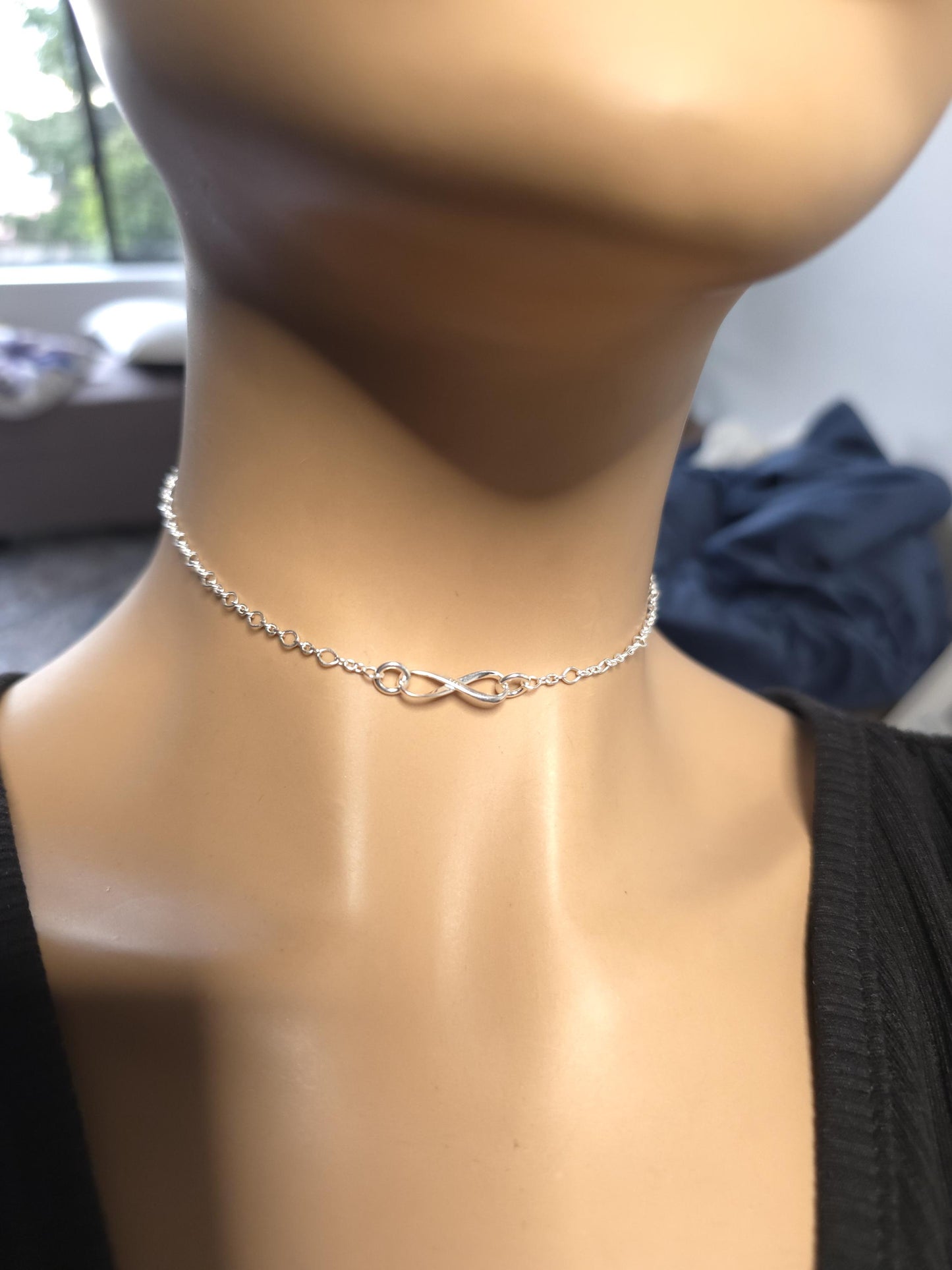 925 Solid Sterling Silver Eternity Symbol Day Collar Choker Necklace - Locking Option - Intimate Partner Jewelry