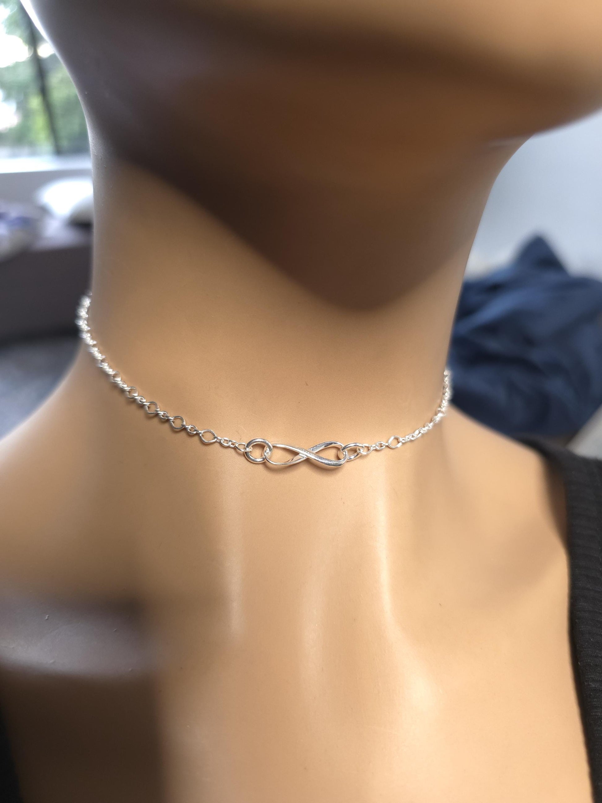 925 Solid Sterling Silver Eternity Symbol Day Collar Choker Necklace - Locking Option - Intimate Partner Jewelry