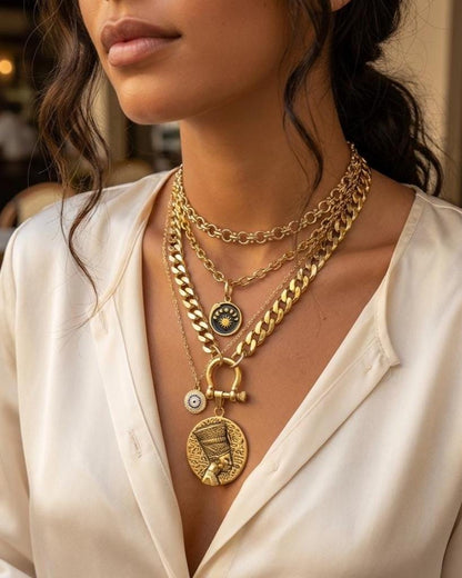 The Nefertiti Gold Maximalist Stack Necklace - Layered Queen Energy Goddess Statement Jewelry, Egyptian Medallion Pendant