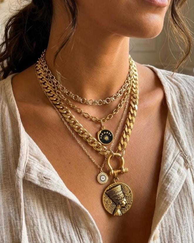 The Nefertiti Gold Maximalist Stack Necklace - Layered Queen Energy Goddess Statement Jewelry, Egyptian Medallion Pendant