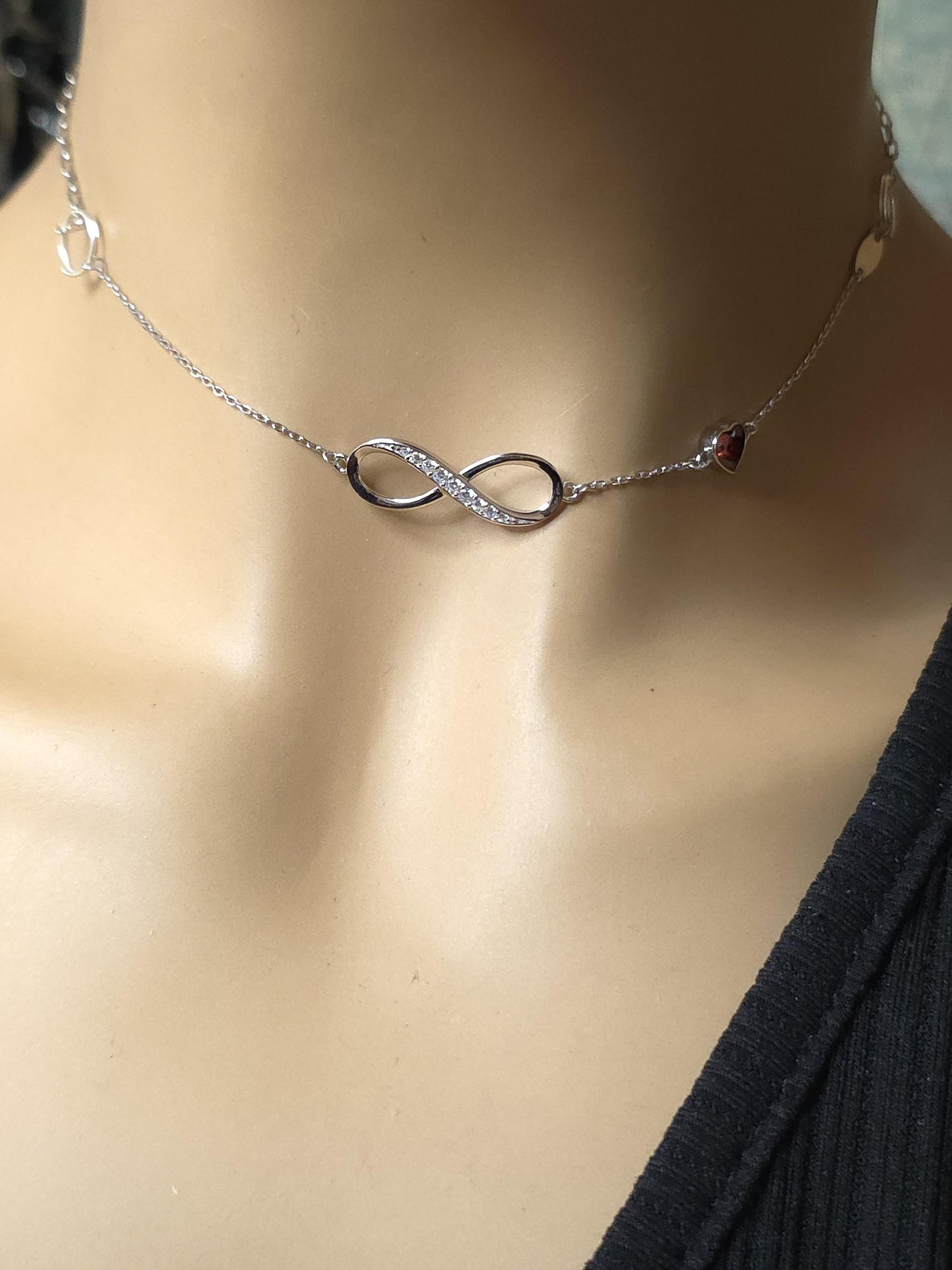 Sterling Silver Eternity Symbol Day Collar Choker Necklace - Cubic Zircon Heart - Locking Option - Partner Jewelry