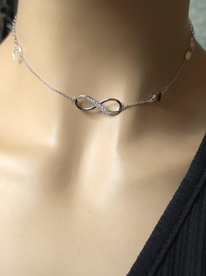 Sterling Silver Eternity Symbol Day Collar Choker Necklace - Cubic Zircon Heart - Locking Option - Partner Jewelry