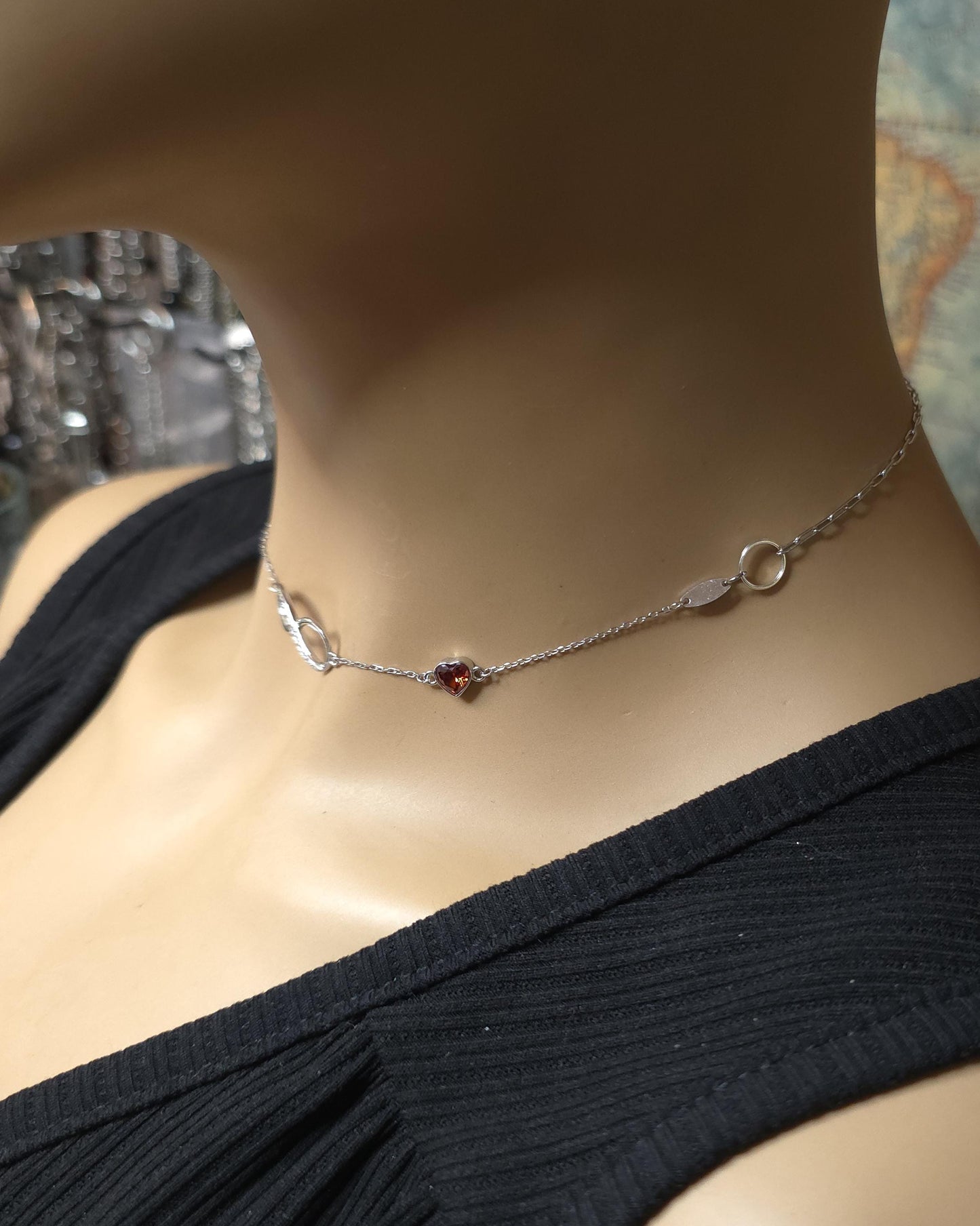 Sterling Silver Eternity Day Collar Choker Necklace - Cubic Zircon Heart - Locking Option - Partner Jewelry