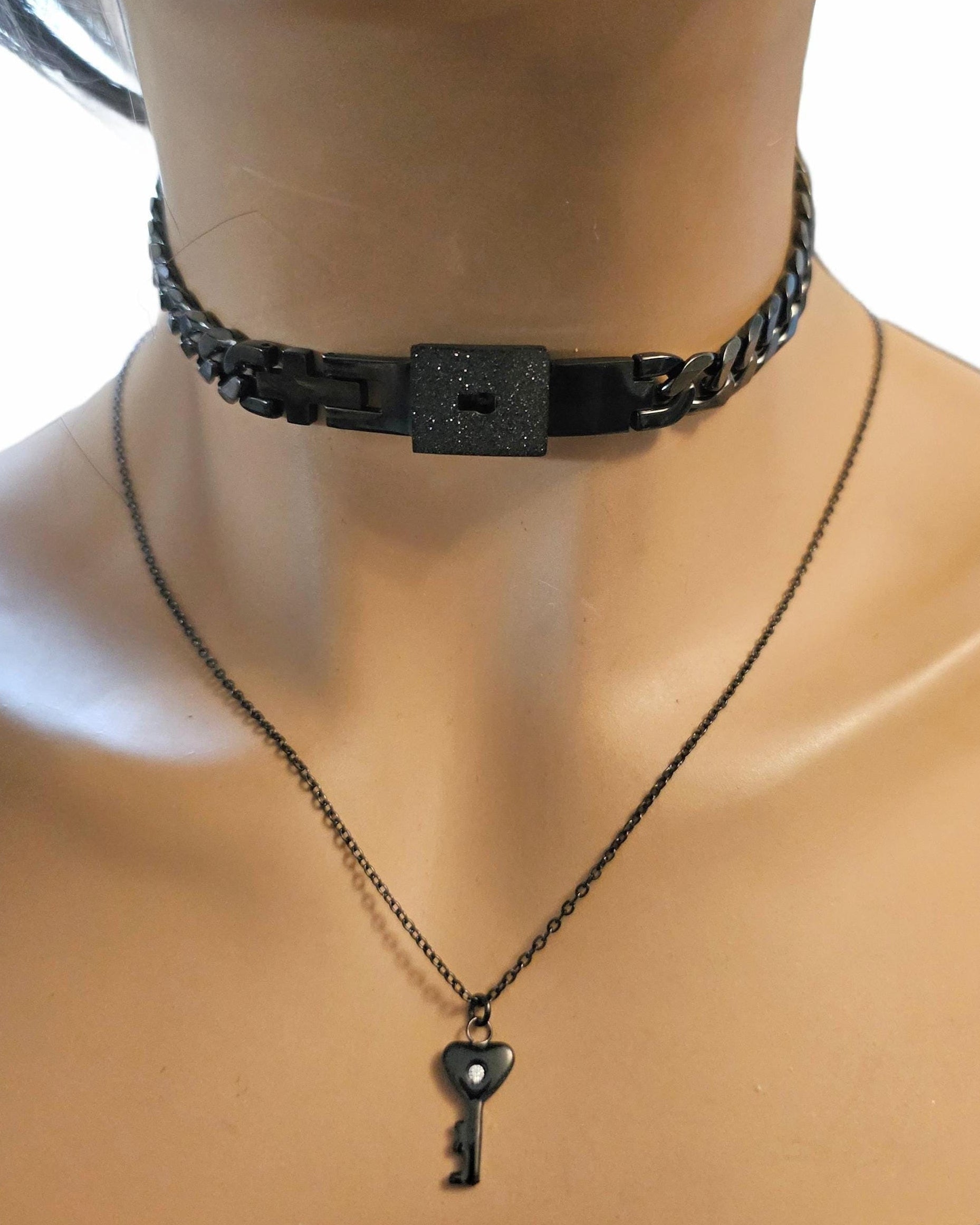 Black Day Collar Luxury Elegant Submissive Style Locking Choker Necklace & Key | BDSM Bondage Aesthetic Handmade Padlock Couples Jewelry