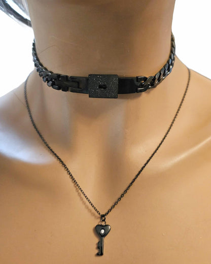 Black Day Collar Luxury Elegant Submissive Style Locking Choker Necklace & Key | BDSM Bondage Aesthetic Handmade Padlock Couples Jewelry