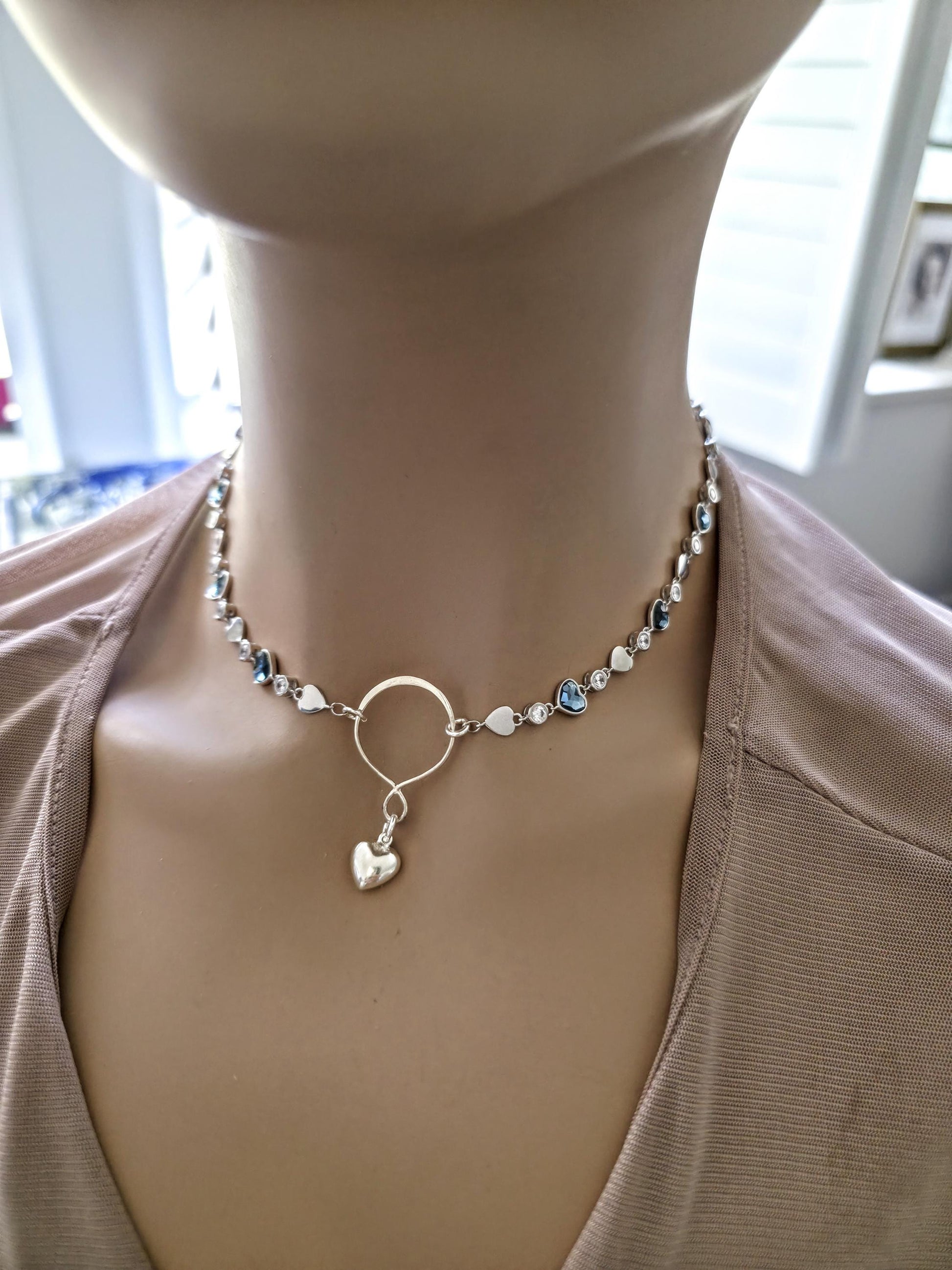Sterling Silver Austrian Crystal Heart Day Collar Choker Necklace - Intimate Partner Jewelry