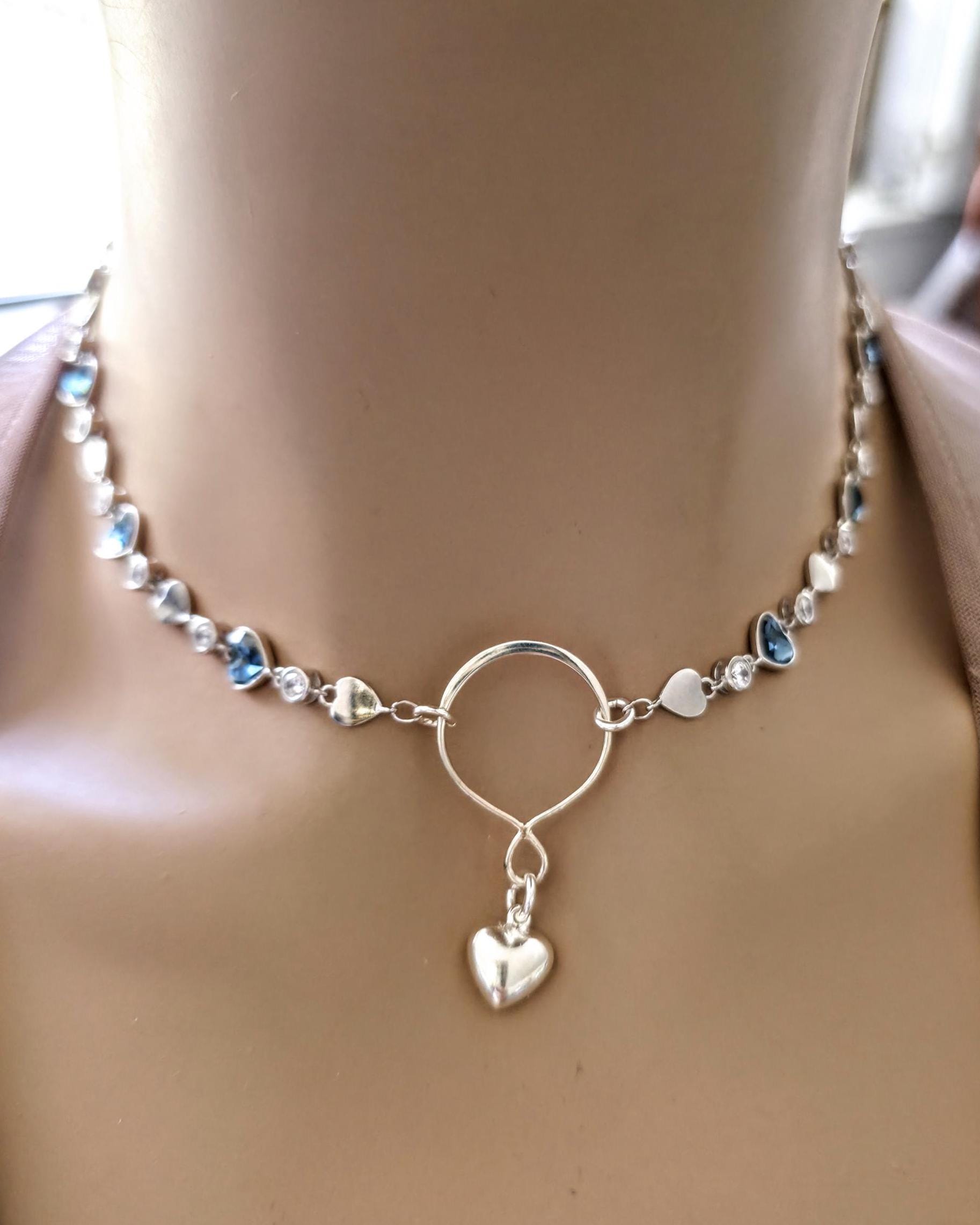 Sterling Silver Austrian Crystal Heart Day Collar Choker Necklace - Intimate Partner Jewelry
