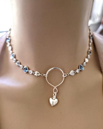 Sterling Silver Austrian Crystal Heart Day Collar Choker Necklace - Intimate Partner Jewelry