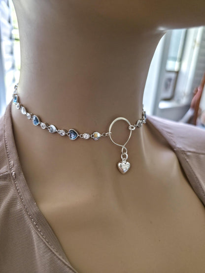 Sterling Silver Austrian Crystal Heart Day Collar Choker Necklace - Intimate Partner Jewelry