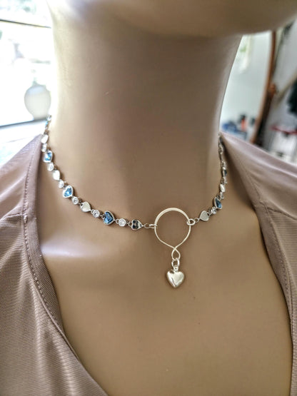 Sterling Silver Austrian Crystal Heart Day Collar Choker Necklace - Intimate Partner Jewelry