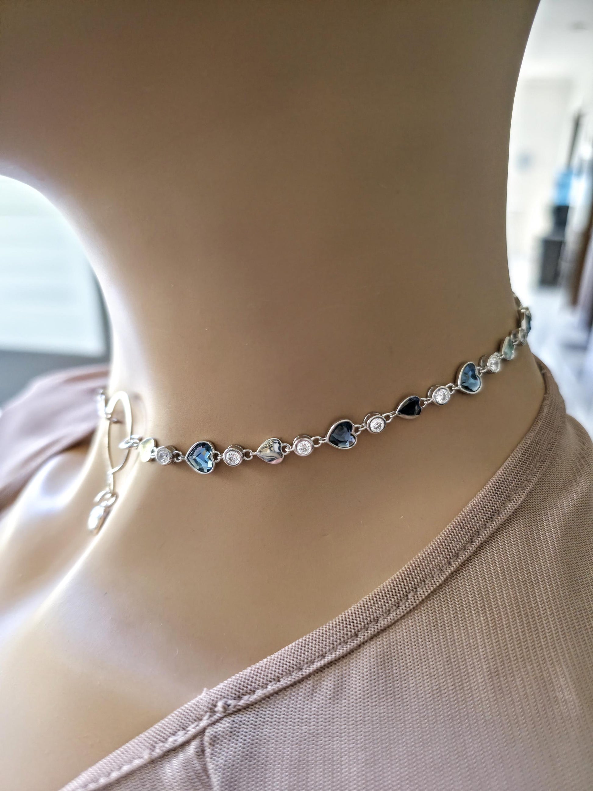 Sterling Silver Austrian Crystal Heart Day Collar Choker Necklace - Intimate Partner Jewelry