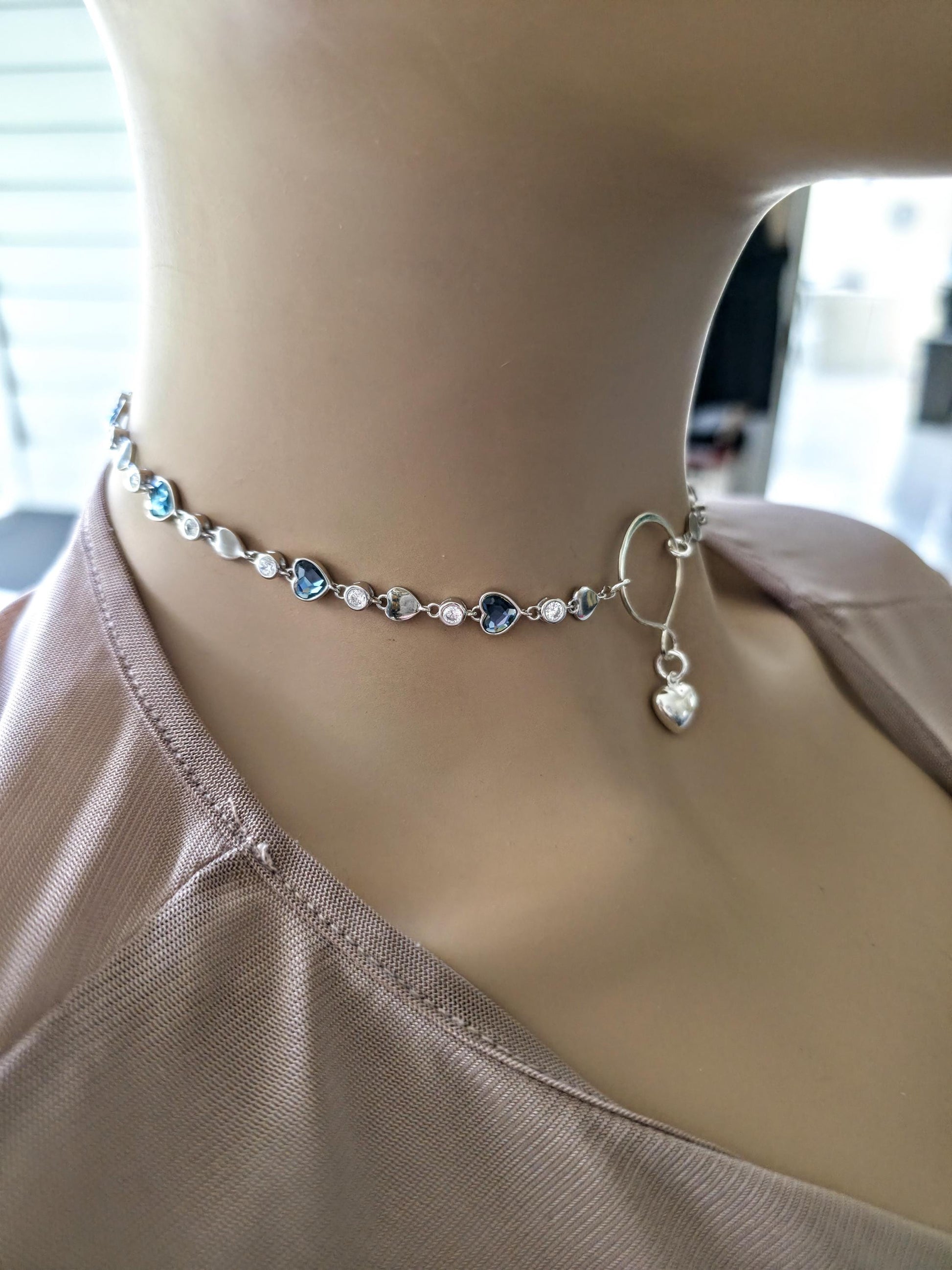 Sterling Silver Austrian Crystal Heart Day Collar Choker Necklace - Intimate Partner Jewelry