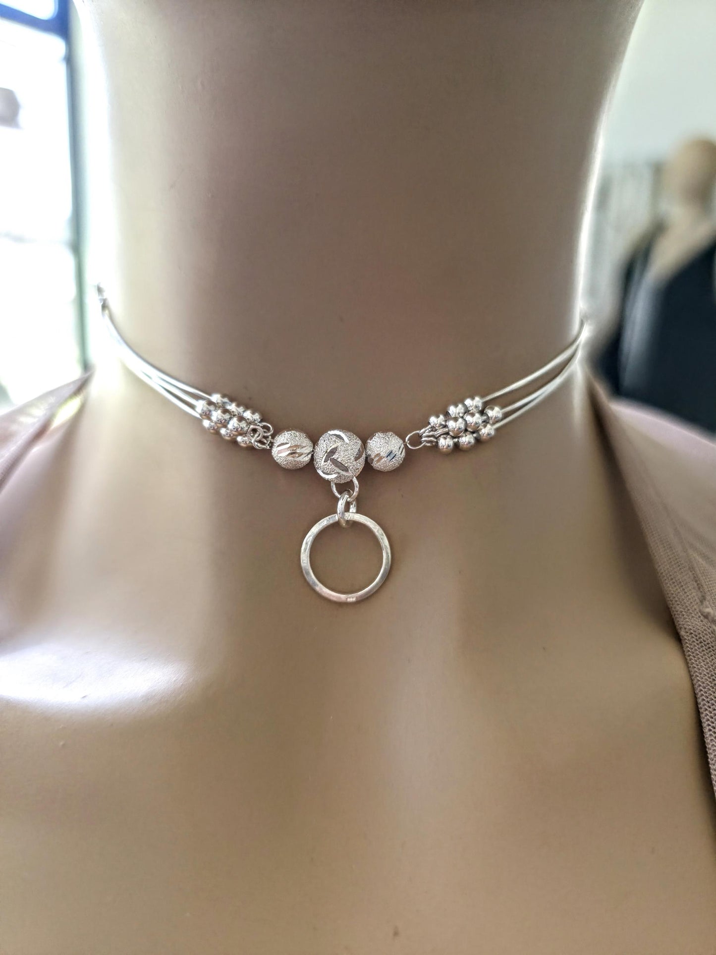 Sterling Silver Beaded Day Collar Choker Necklace - Intimate Partner Devotion Bond Jewelry