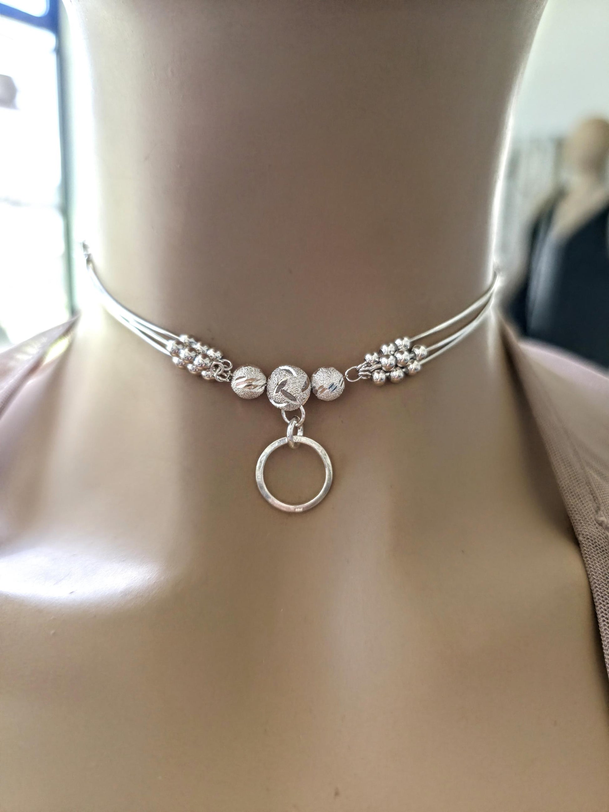 Sterling Silver Beaded Day Collar Choker Necklace - Intimate Partner Devotion Bond Jewelry