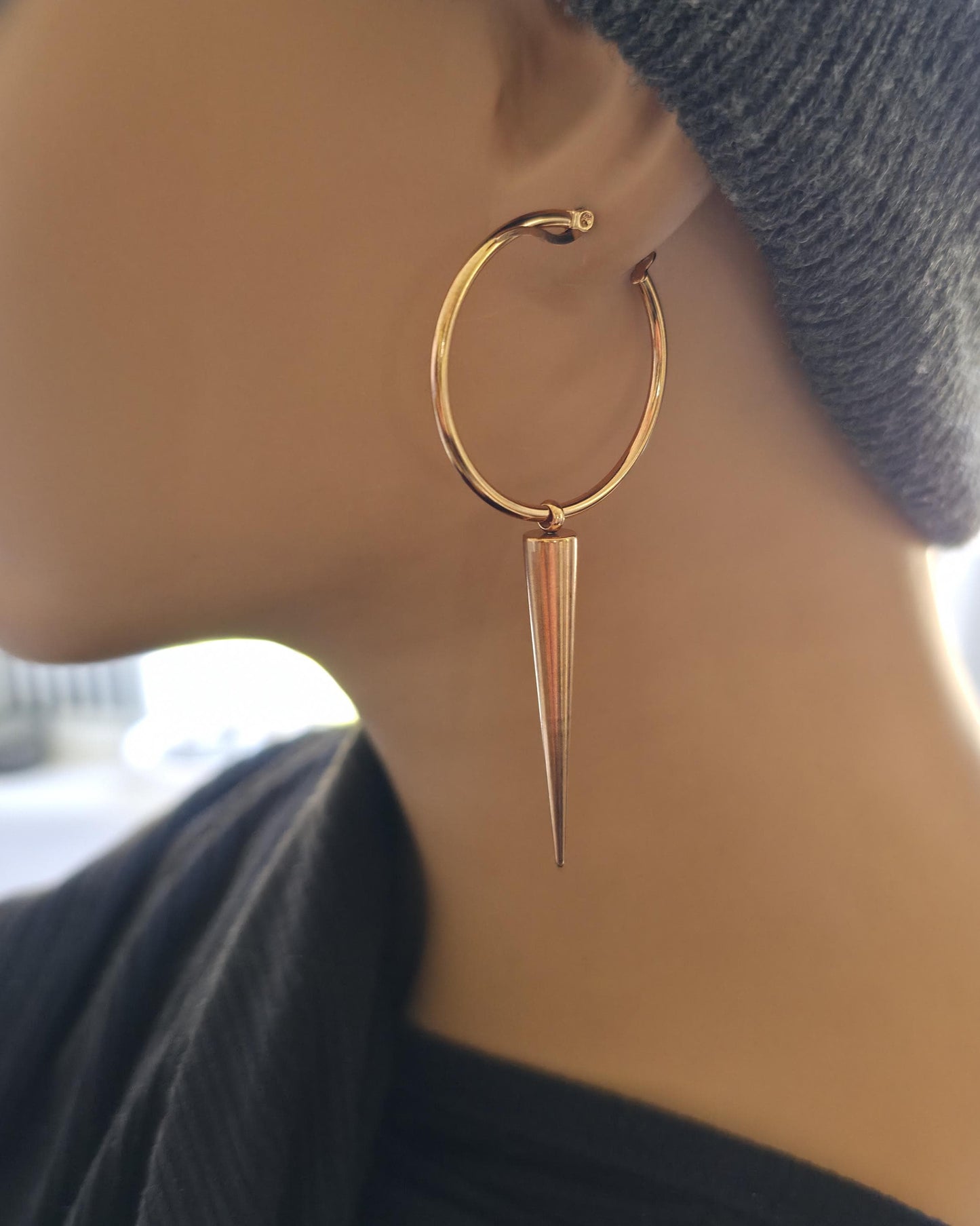Rose Gold Steel Gothic Spike Hoop Earrings: Handmade Punk Jewelry
