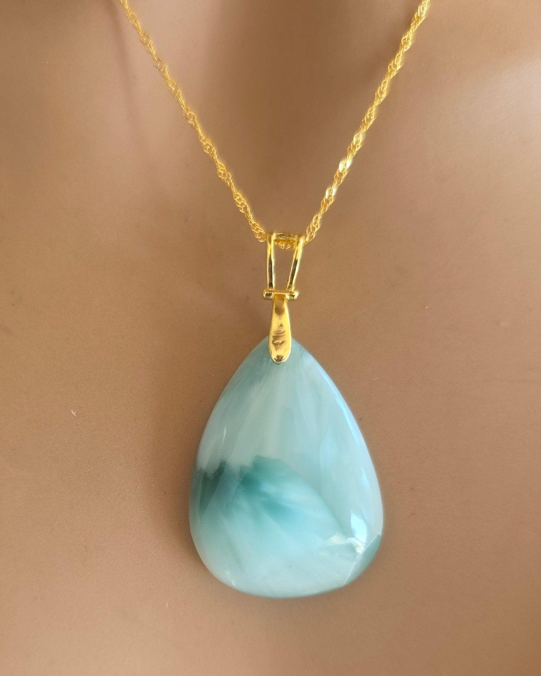 Caribbean Aqua Hemimorphite Teardrop Gold Necklace