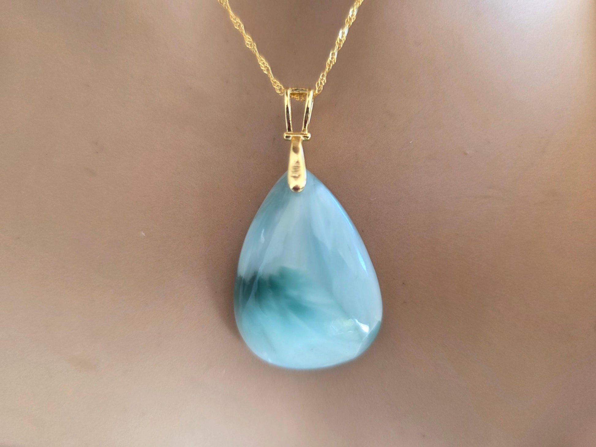 Caribbean Aqua Hemimorphite Teardrop Gold Necklace