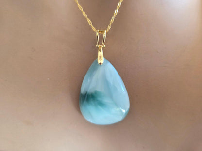 Caribbean Aqua Hemimorphite Teardrop Gold Necklace