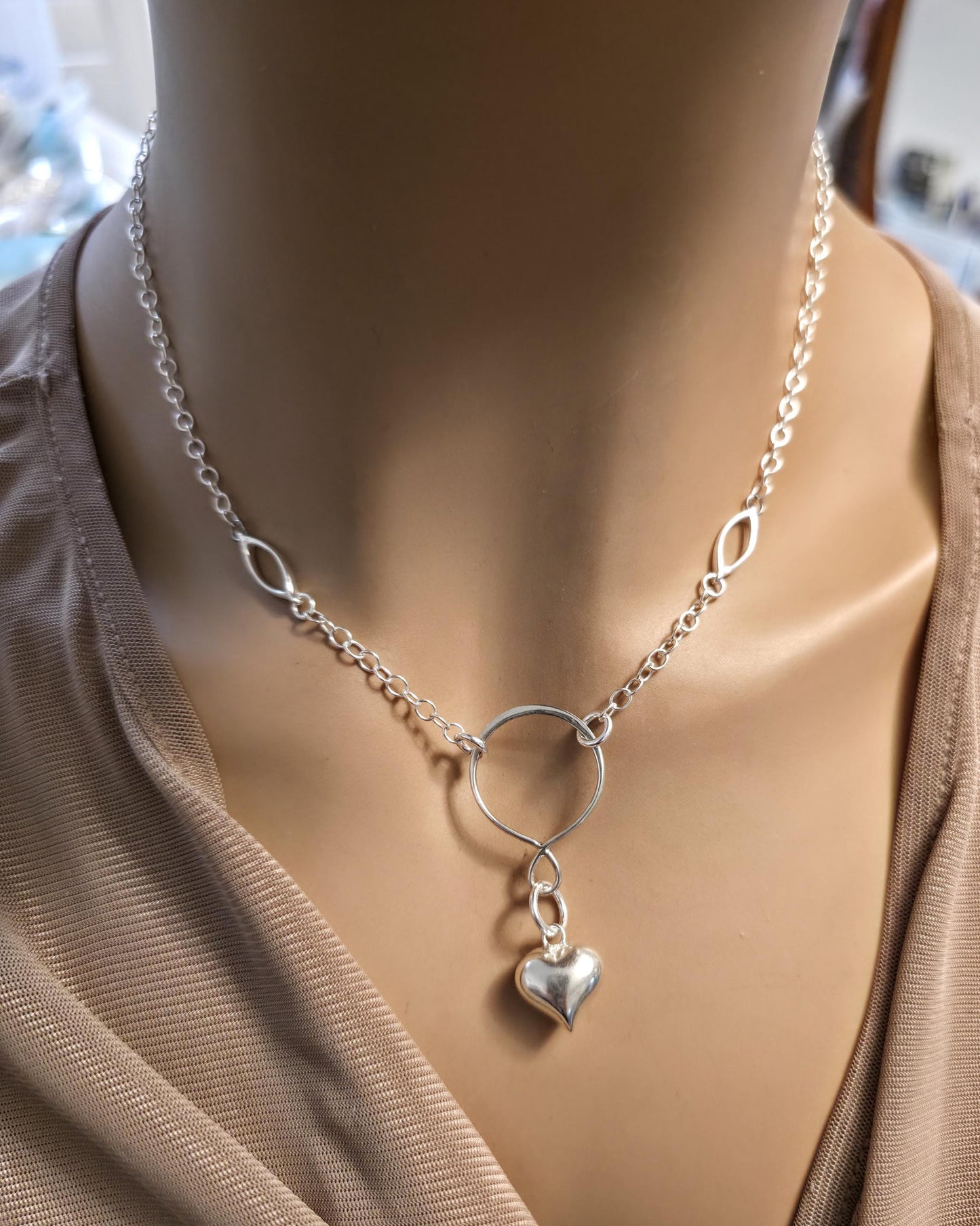 925 Solid Sterling Silver Day Collar Necklace with Puff Heart Pendant & Decorative O Ring - Locking Option - Adjustable 13"–17"