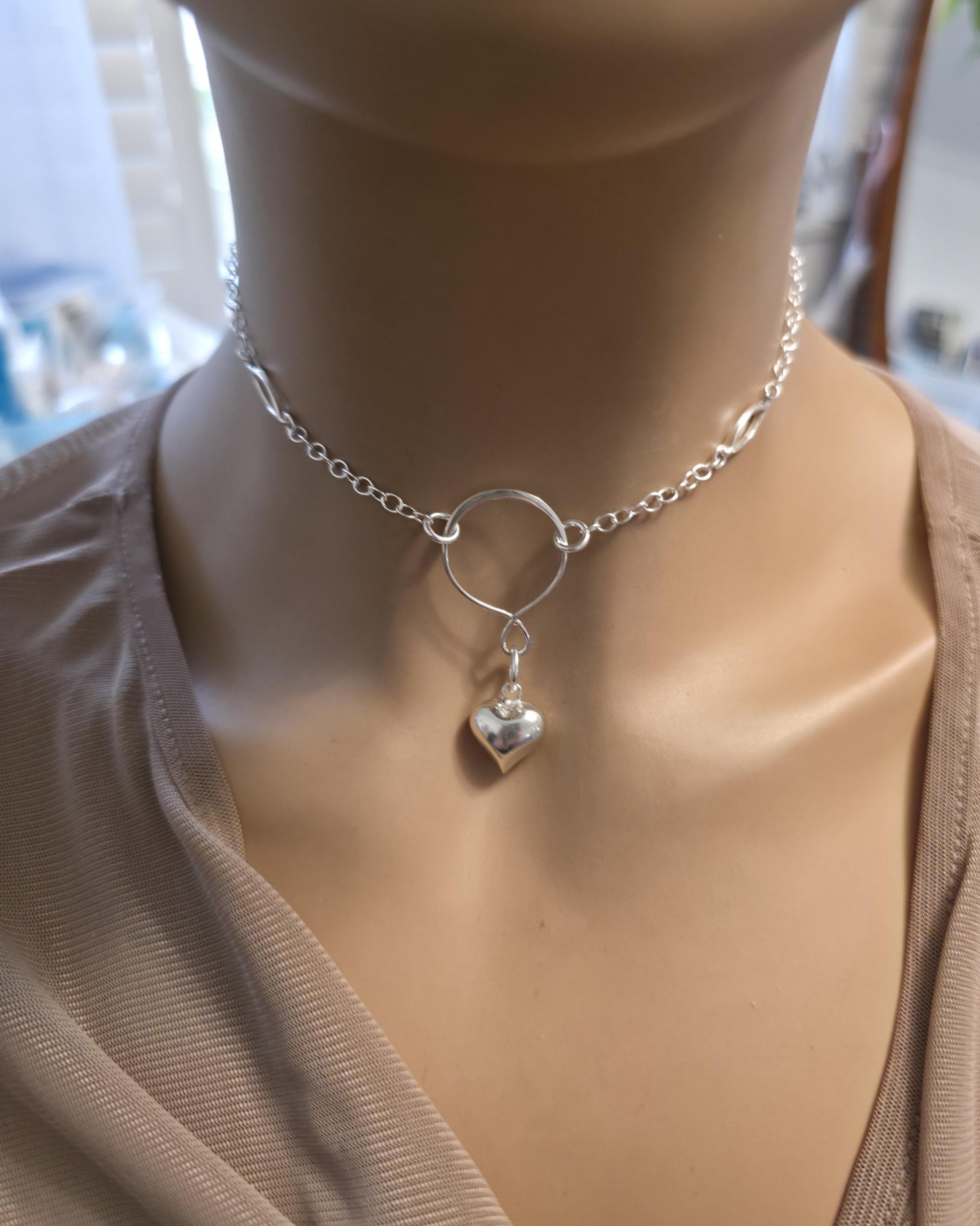 925 Solid Sterling Silver Day Collar Necklace with Puff Heart Pendant & Decorative O Ring - Locking Option - Adjustable 13"–17"