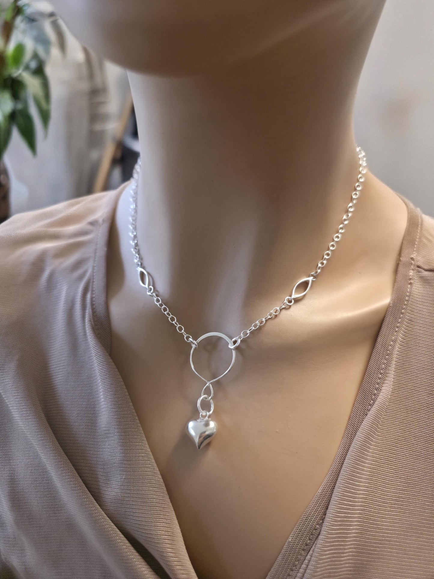 925 Solid Sterling Silver Day Collar Necklace with Puff Heart Pendant & Decorative O Ring - Locking Option - Adjustable 13"–17"
