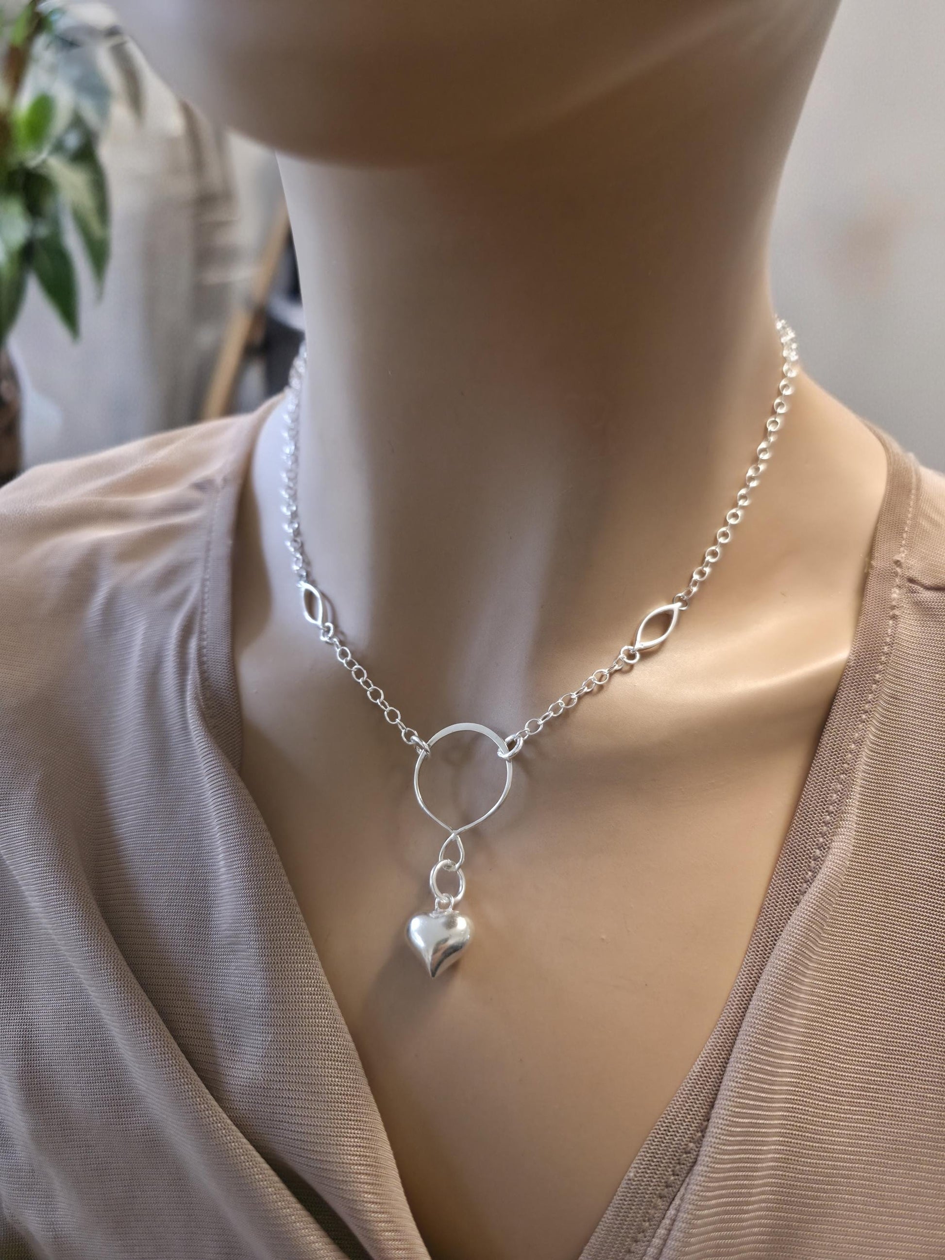 925 Solid Sterling Silver Day Collar Necklace with Puff Heart Pendant & Decorative O Ring - Locking Option - Adjustable 13"–17"