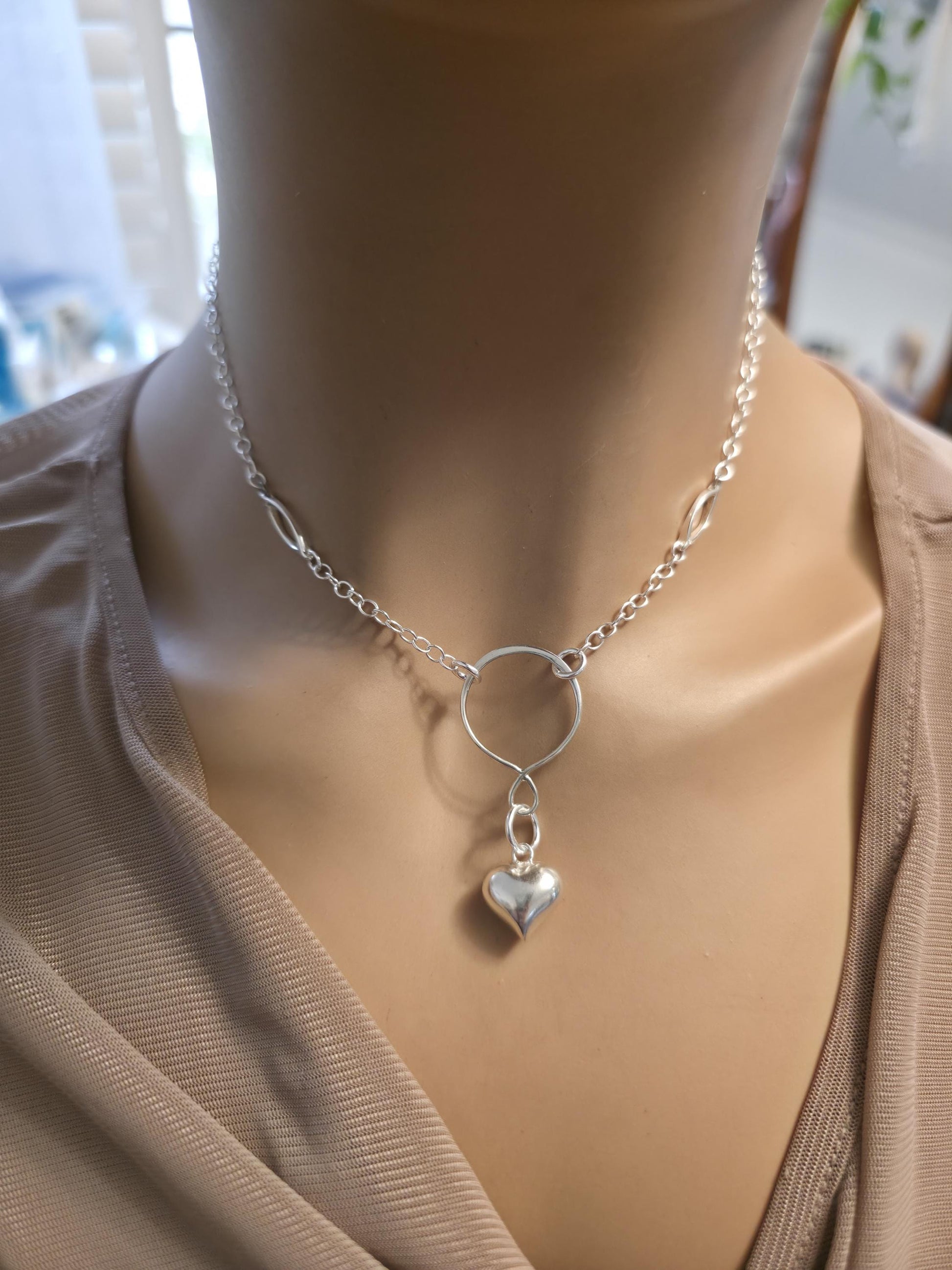 925 Solid Sterling Silver Day Collar Necklace with Puff Heart Pendant & Decorative O Ring - Locking Option - Adjustable 13"–17"