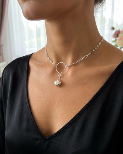 925 Solid Sterling Silver Day Collar Necklace with Puff Heart Pendant & Decorative O Ring - Locking Option - Adjustable 13"–17"