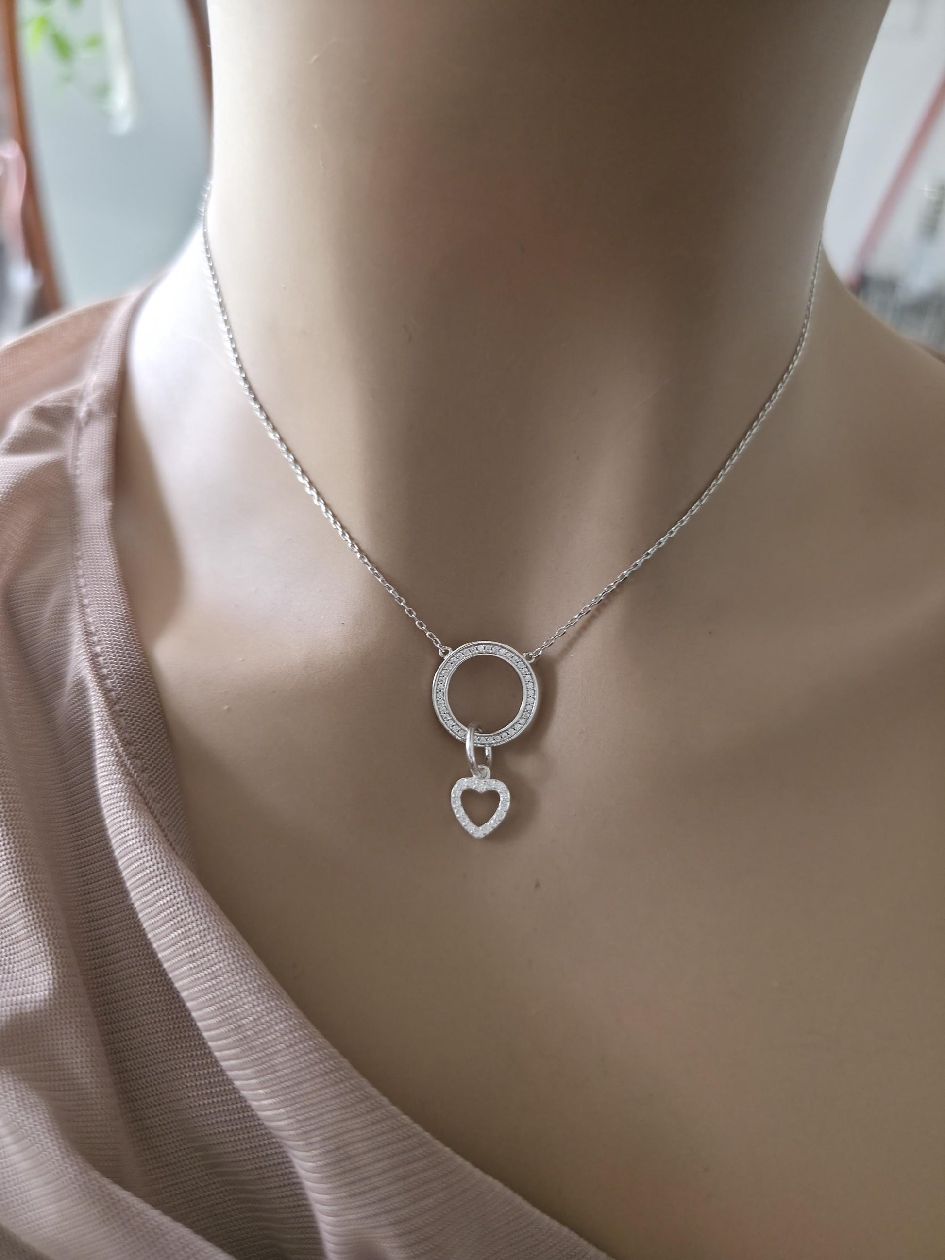 Sterling Silver Cubic Zirconia Heart Day Collar Choker Necklace - Locking Option - Partner Jewelry