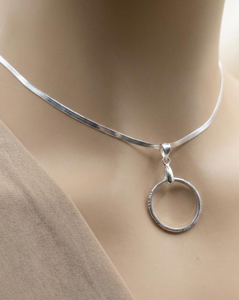 Sterling Silver Day Collar - CZ O-Ring Pendant on Rhodium Herringbone Chain | 15"–17" Adjustable