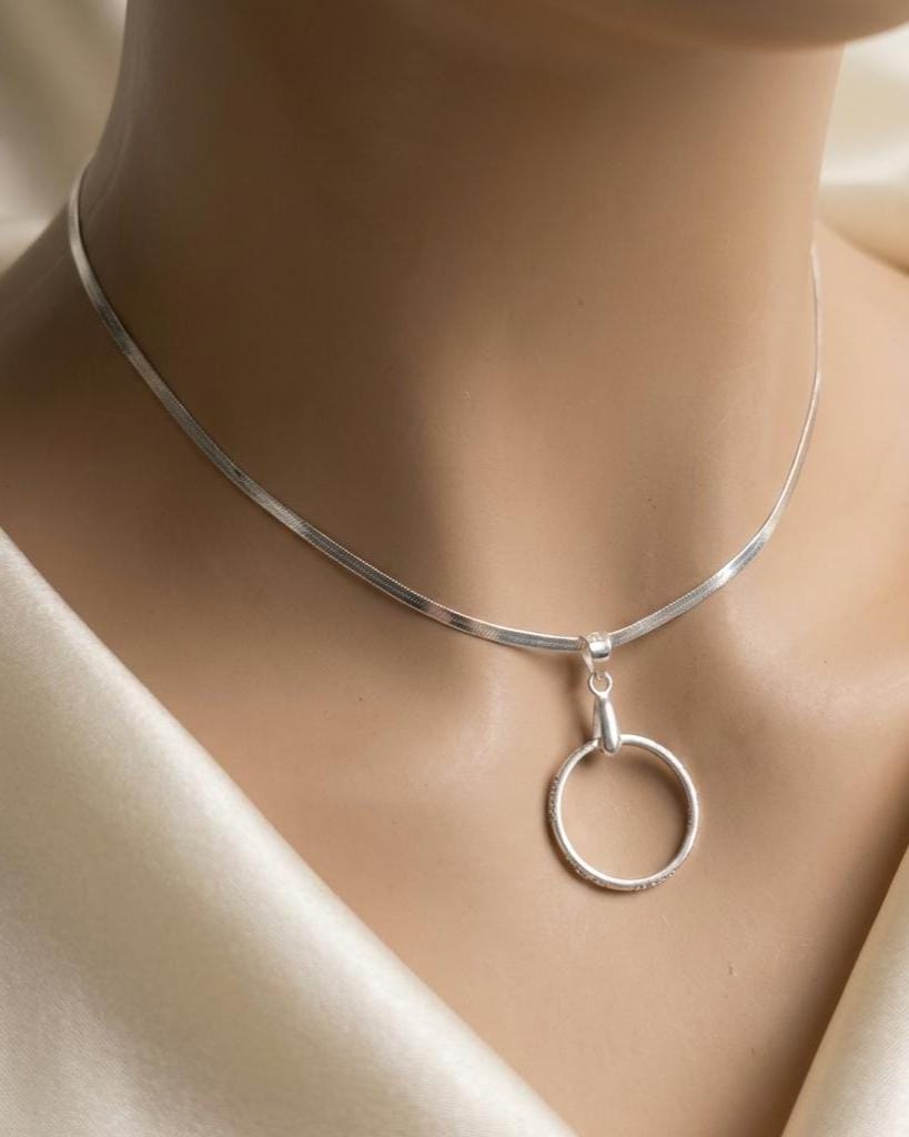Sterling Silver Day Collar - CZ O-Ring Pendant on Rhodium Herringbone Chain | 15"–17" Adjustable