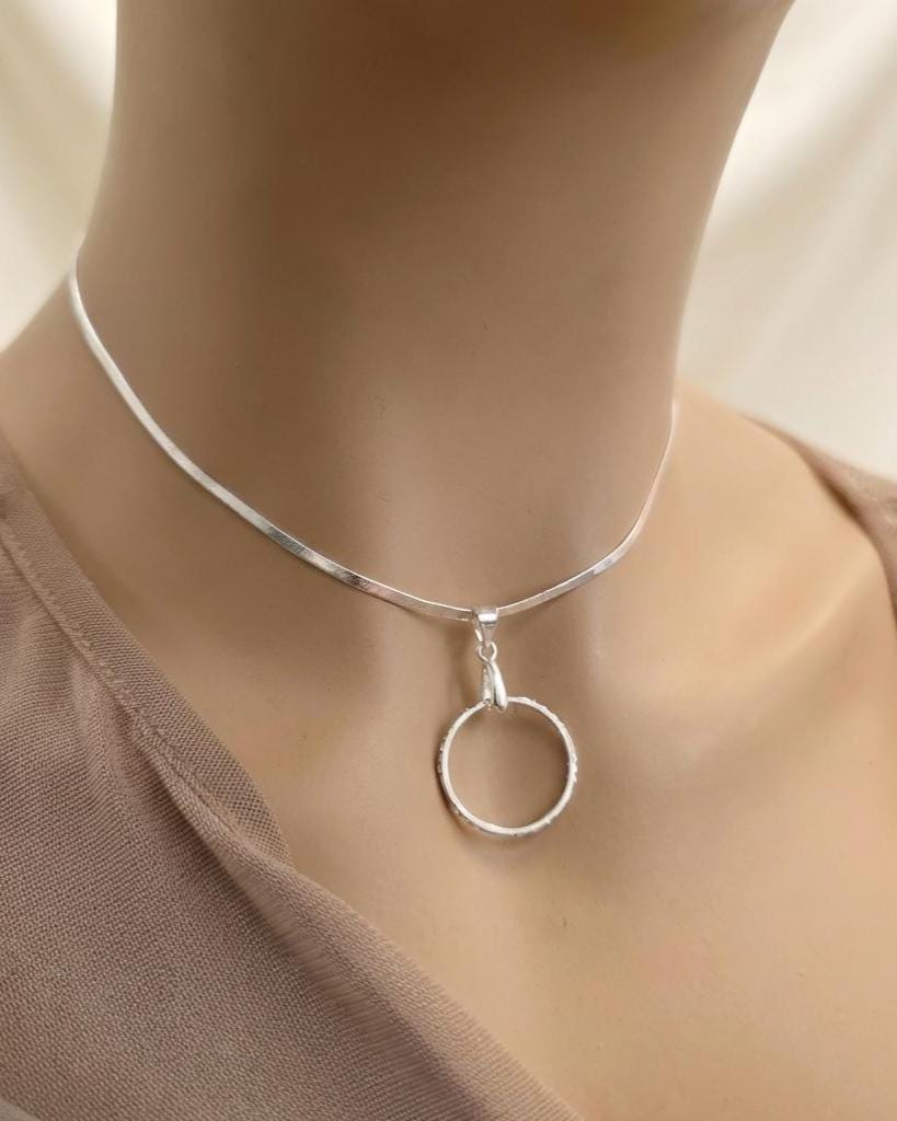 Sterling Silver Day Collar - CZ O-Ring Pendant on Rhodium Herringbone Chain | 15"–17" Adjustable