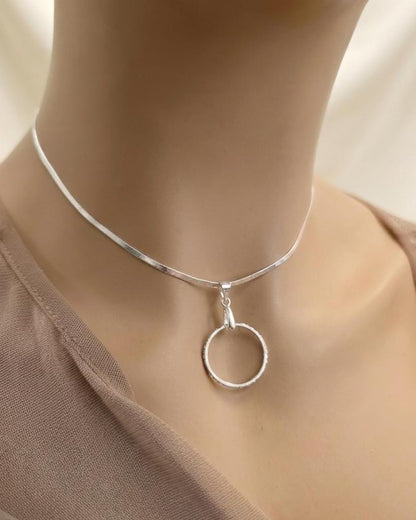 Sterling Silver Day Collar - CZ O-Ring Pendant on Rhodium Herringbone Chain | 15"–17" Adjustable