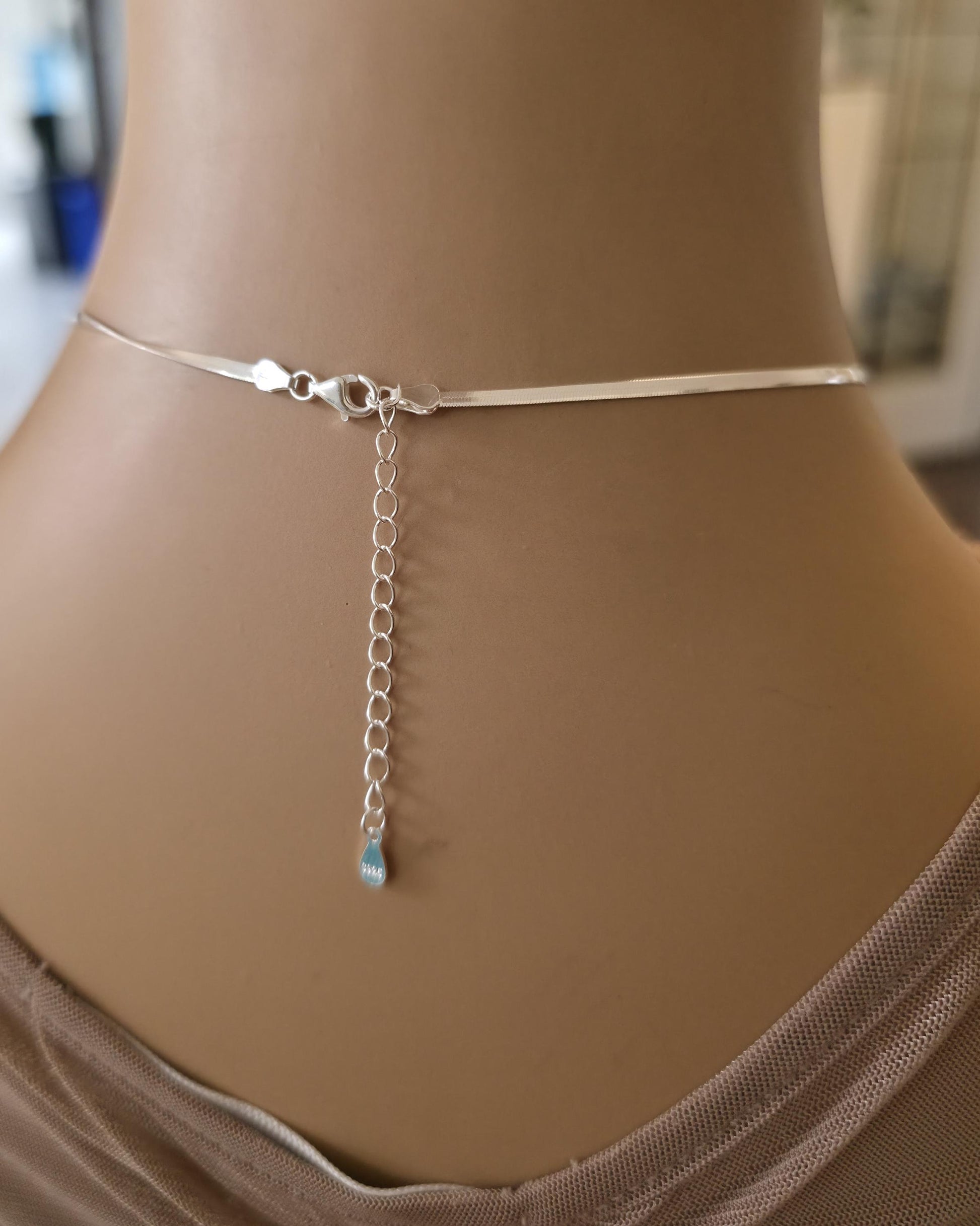 Sterling Silver Day Collar - CZ O-Ring Pendant on Rhodium Herringbone Chain | 15"–17" Adjustable