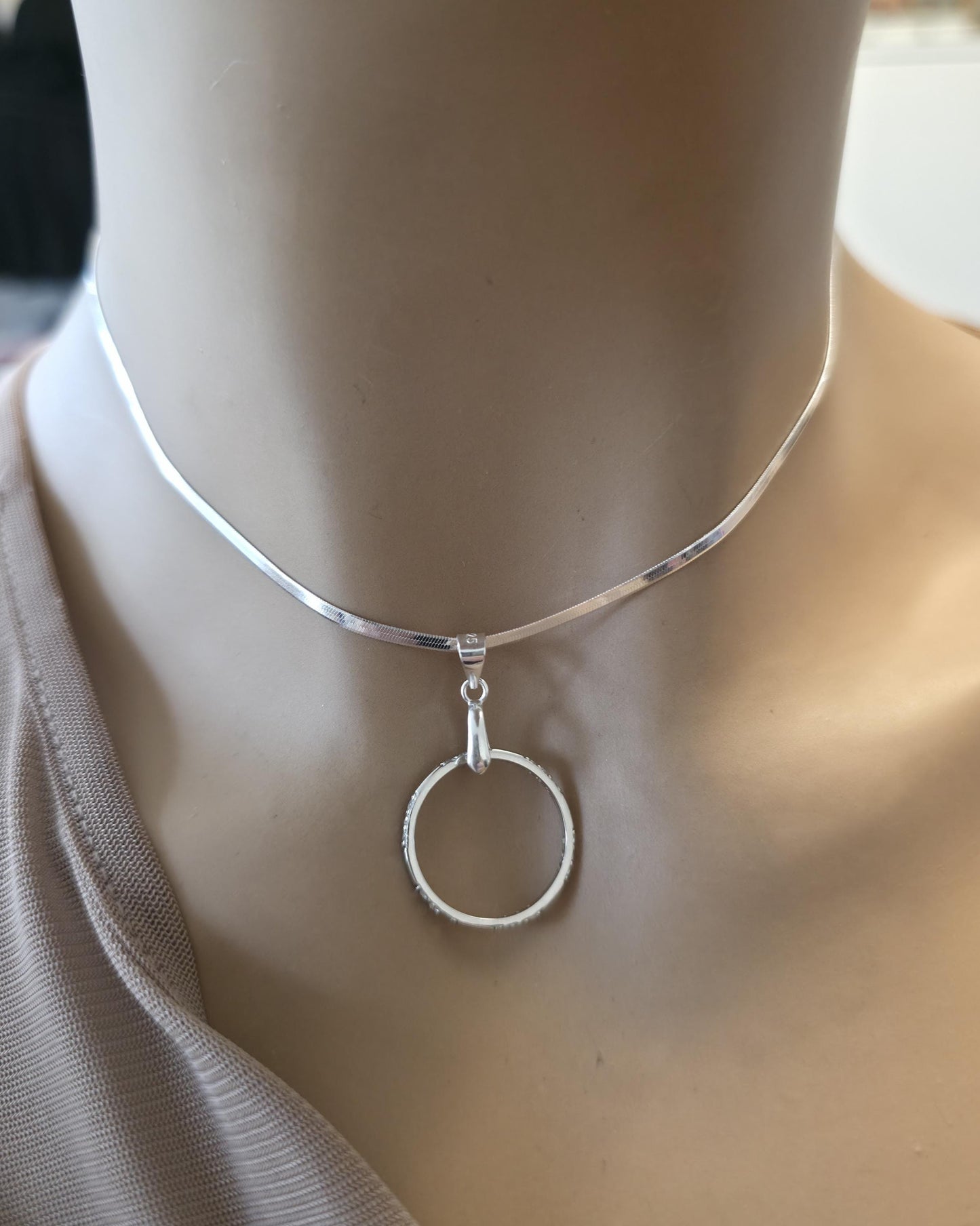 Sterling Silver Day Collar - CZ O-Ring Pendant on Rhodium Herringbone Chain | 15"–17" Adjustable