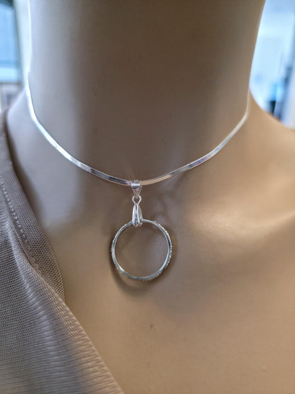 Sterling Silver Day Collar - CZ O-Ring Pendant on Rhodium Herringbone Chain | 15"–17" Adjustable