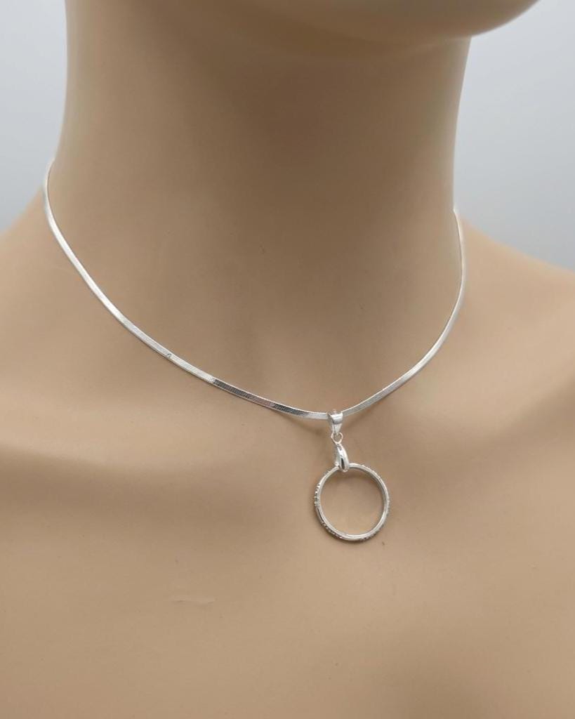 Sterling Silver Day Collar - CZ O-Ring Pendant on Rhodium Herringbone Chain | 15"–17" Adjustable