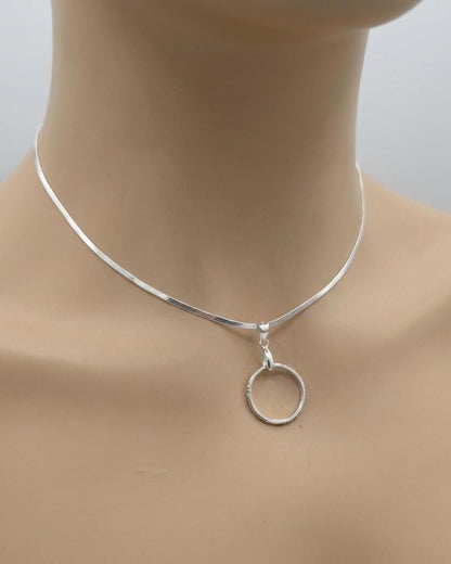Sterling Silver Day Collar - CZ O-Ring Pendant on Rhodium Herringbone Chain | 15"–17" Adjustable